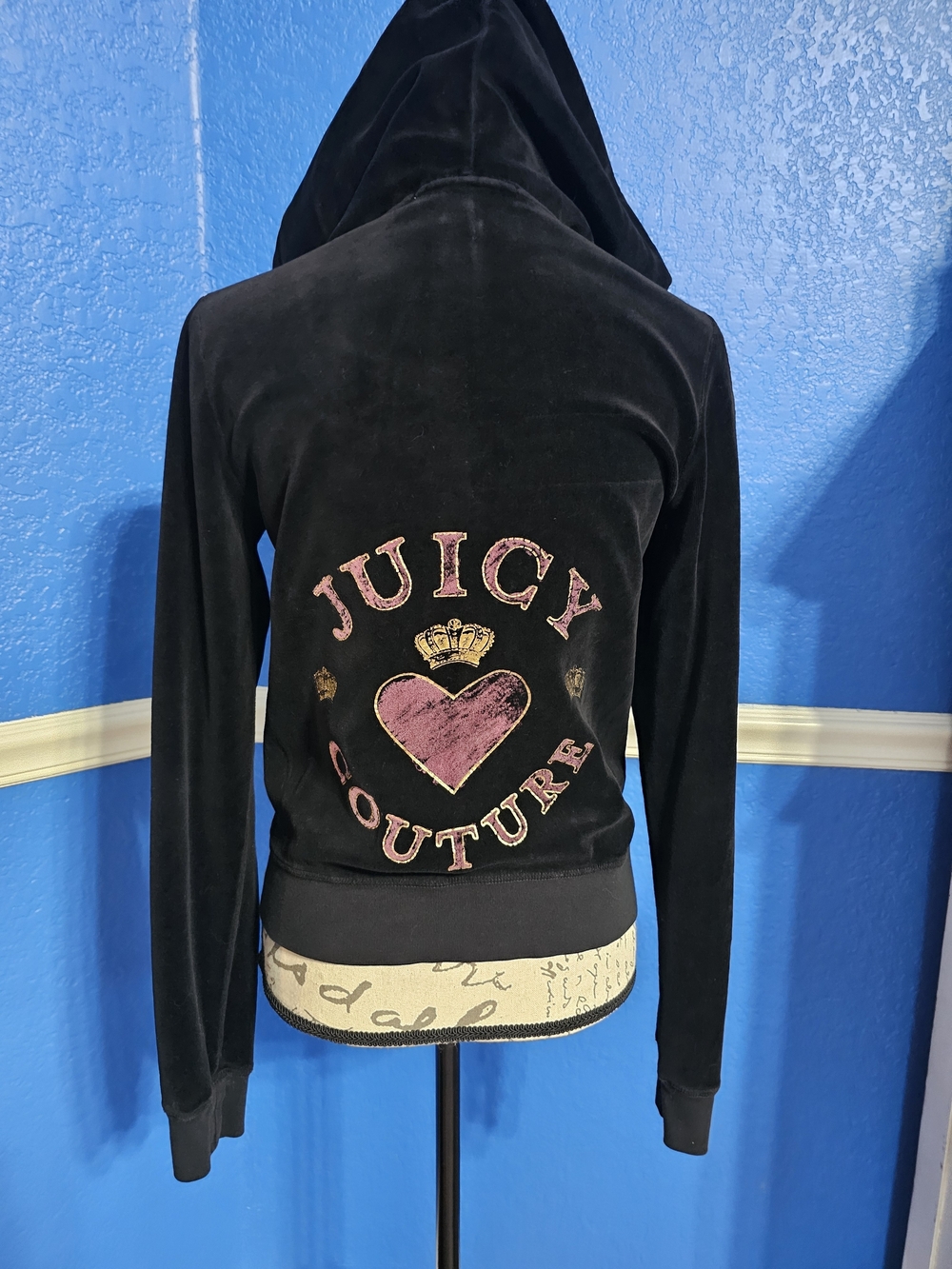 Vintage Juicy Couture Black Velour Hoodie with Pink Heart Logo
